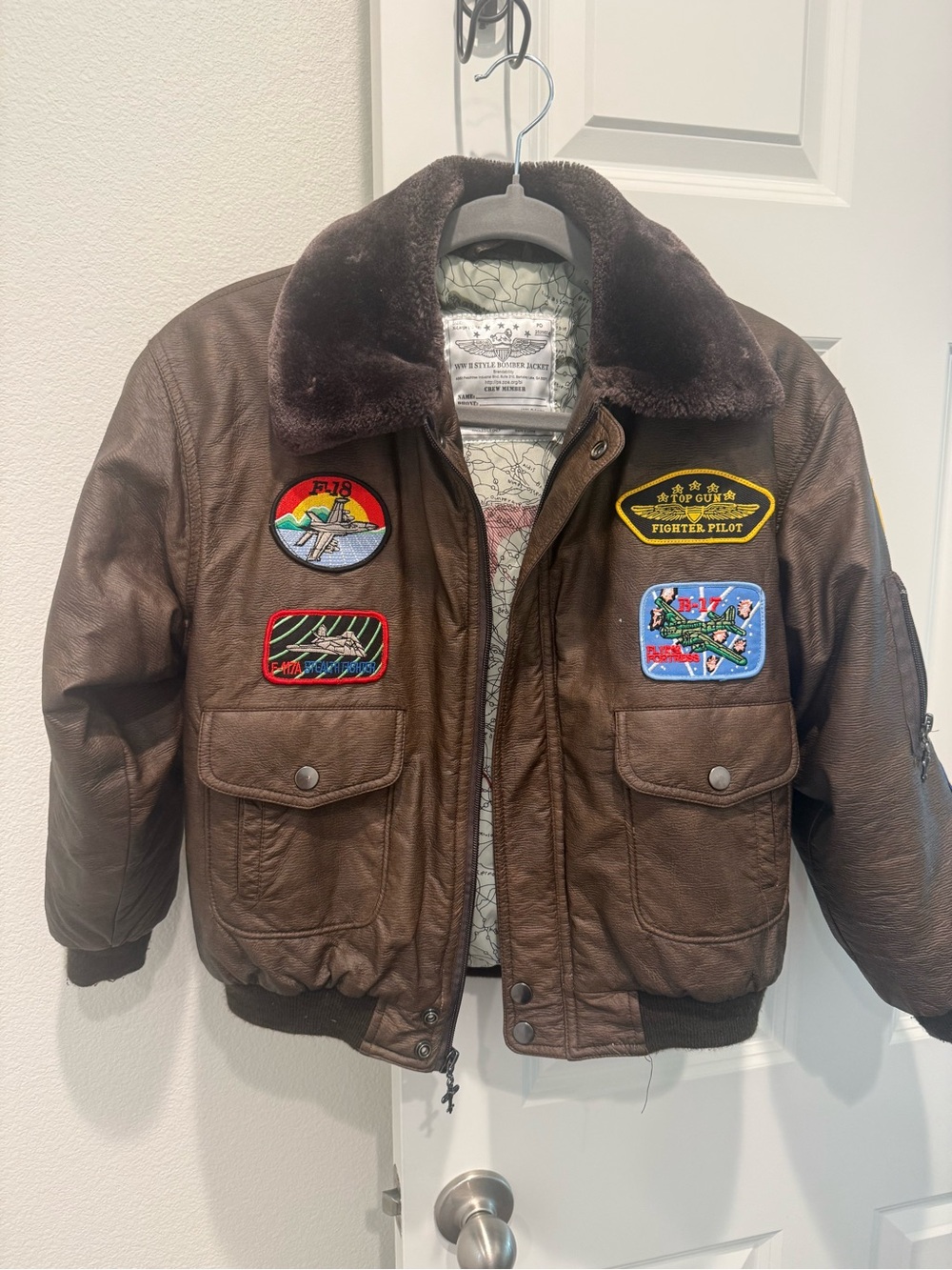 Boys Faux-Leather Flight Jacket with Fur Collar and patches